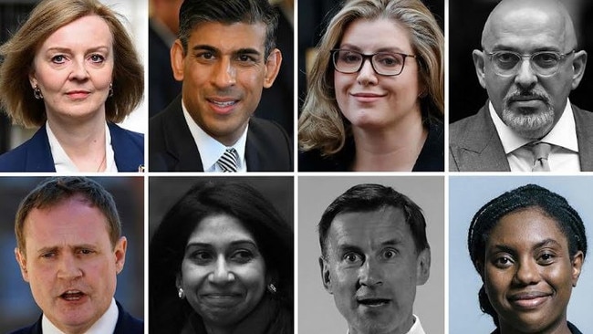 In grey: Nadhim Zahawi (top right), Suella Braverman (bottom, second from left) and Jeremy Hunt (bottom, third from left) have all been eliminated from the Conservatives' leadership race in the UK, leaving (colour, clockwise from top left) Liz Truss, Rishi Sunak, Penny Mordaunt, Kemi Badenoch and Tom Tugendhat battle it out.