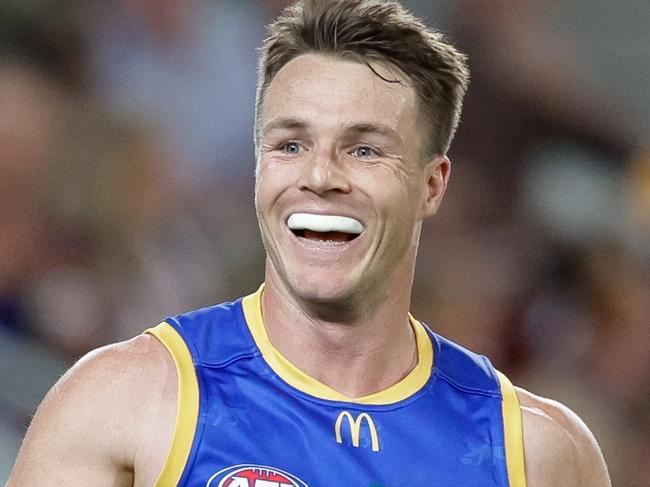 BRISBANE, AUSTRALIA - JULY 22: Lincoln McCarthy of the Lions celebrates a goal during the 2023 AFL Round 19 match between the Brisbane Lions and the Geelong Cats at The Gabba on July 22, 2023 in Brisbane, Australia. (Photo by Russell Freeman/AFL Photos via Getty Images)