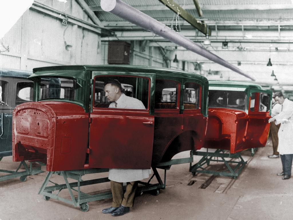 View of workers on the body production line at General Motors-Holden’s Woodville plant in 1929-30. Pic: Supplied