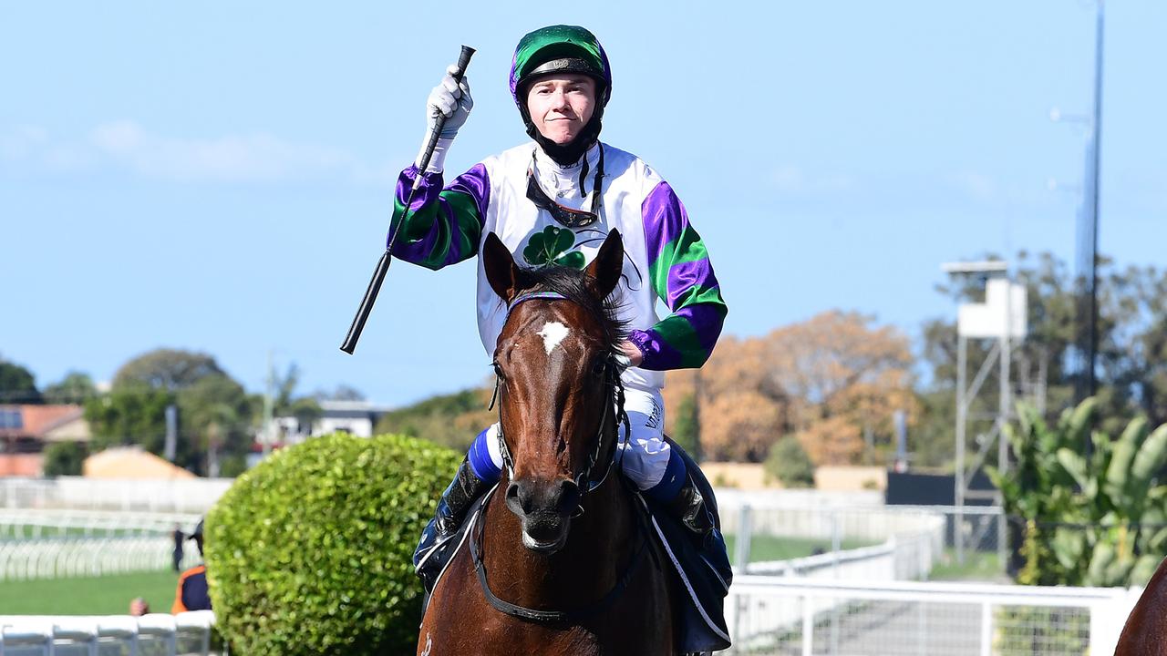 Jaden Lloyd returns after winning on Alpine Edge at Eagle Farm. Picture: Grant Peters/Trackside Photography.