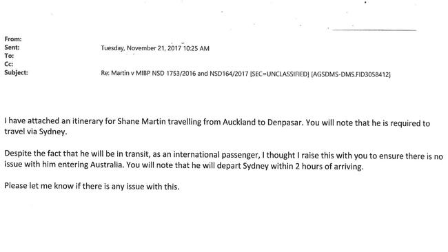 Email from Shane Martin’s solicitor on November 21 to Australian Government solicitors telling him of his plans to travel to Bali via Australia.