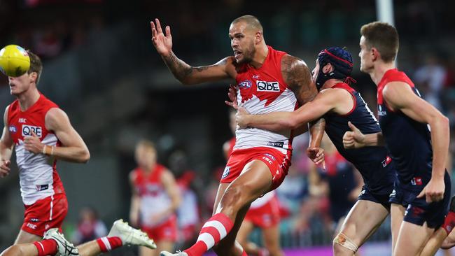 Lance Franklin launches Sydney forward against Melbourne. Picture: Phil Hillyard. 