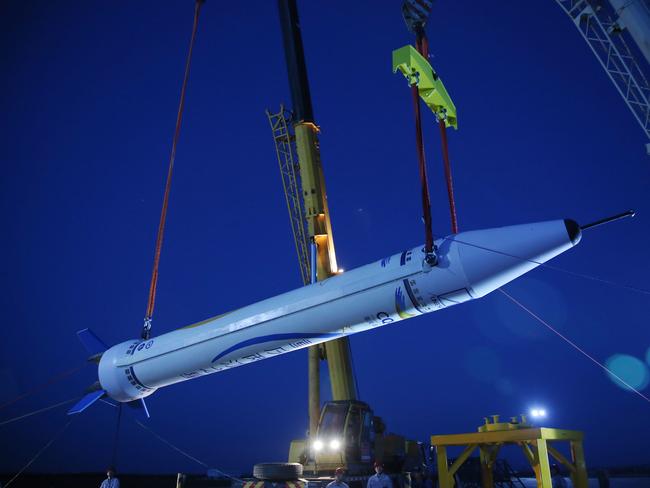 This handout picture taken and released on May 17, 2018 by OneSpace shows the Chongqing Liangjiang Star rocket prepared for a launch from an undisclosed test field in northwest China.