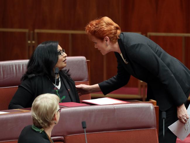 The swearing in of new Greens Senator Mehreen Faruqi in the Senate chamber in Parliament House in Canberra.Senator Pauline Hanson shook the hand of the new Greens Senator Mehreen Faruqi.Picture: Gary Ramage