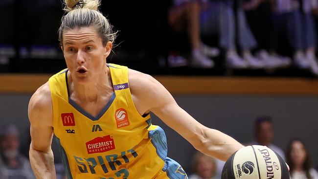 GEELONG, AUSTRALIA - JANUARY 29: Sami Whitcomb of the Spirit dribbles the ball during the round 14 WNBL match between Geelong United and Bendigo Spirit at The Geelong Arena, on January 29, 2025, in Geelong, Australia. (Photo by Kelly Defina/Getty Images)