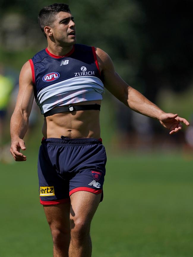 Christian Petracca gives a glimpse of his ripped rig at the club’s Maroochydore training camp. Picture: AAP