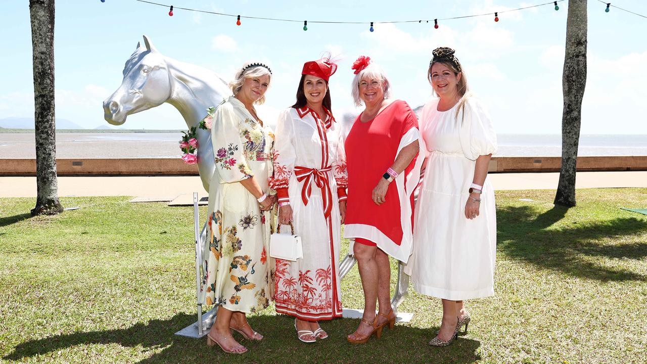 Tania Taylor, Cassie Collins, Janet Booij and Lauren Bruni at the Cairns Amateurs High Tea, held under the waterfront marque on the Cairns Esplanade Eastern Events lawn. Picture: Brendan Radke