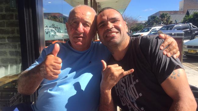 Mundine in the Shire with his mate “Pete the Greek”.