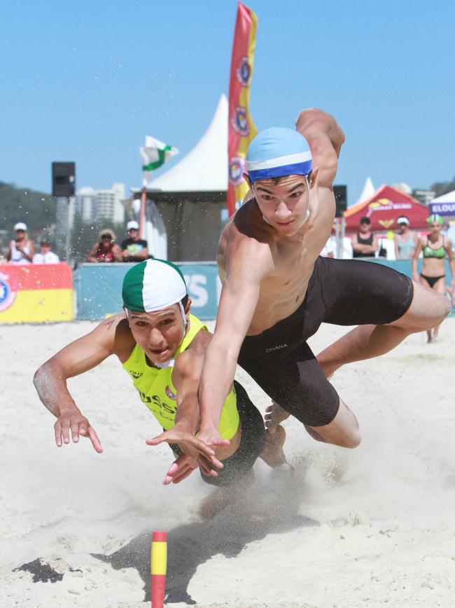 Tynan Neveceral lunges for the flag in the U15 male flags final at the Aussies. Picture: Harvpix