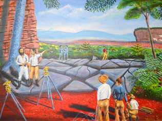 Surveyors Robert Francis (QLD) and Isaiah Rowland (NSW) survey the Queensland/ NSW                                                    border in 1863. Painting by Warren Keats OAM