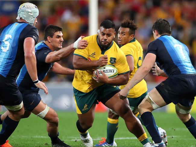 Taniela Tupou of the Wallabies runs the ball during the 2019 Rugby Championship Test Match between Australia and Argentina at Suncorp Stadium. Picture: Cameron Spencer/Getty Images