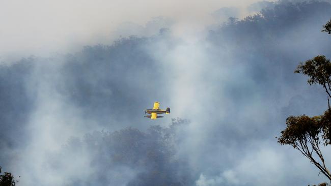 A light plane waterbombing to make sure the Lower Beechmont fire containment lines hold during last year’s hinterland fires. Picture: Glenn Hampson.