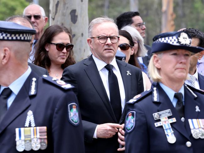 Prime Minister Anthony Albanese at the memorial service with full police honours for fallen constables Rachel McCrow and Matthew Arnold at Brisbane Entertainment Centre. Picture: Steve Pohlner