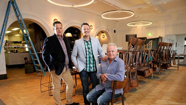 Chef Lee Severino, left, manager Paul Severino, and chief executive Santo Severino at the Manly Pavillion site. Picture: Troy Snook