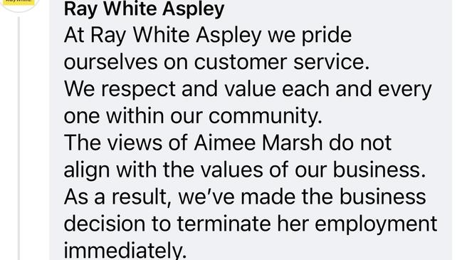 Ray White Aspley put up this comment on their Facebook page on Tuesday, which has since been removed. Picture: Facebook