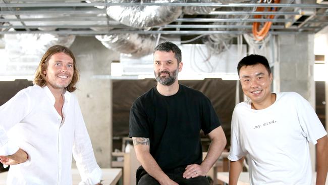 Tyron Simon, Ben Williamson and Frank Li on the site of their new Italian restaurant, Bianca in Fortitude Valley. Picture: Steve Pohlner