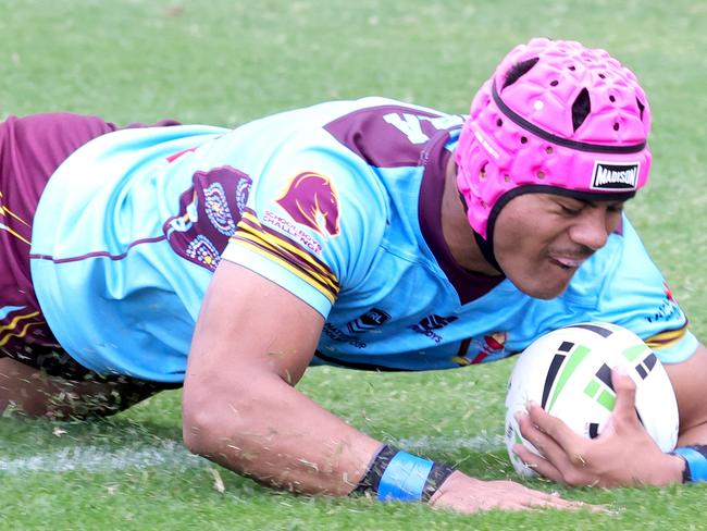 No.3 Joseph Tupuse scores a try (pink head gear), Keebra park (Light) VÃs Mabel Park (Dark), at the Langer Trophy rugby league semi-finals, Nundah, Wednesday 7th August - Photo Steve Pohlner
