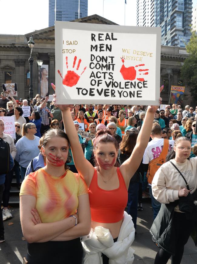 Thousands gather at the State Library for the national rally against gender based violence. Picture: Andrew Henshaw