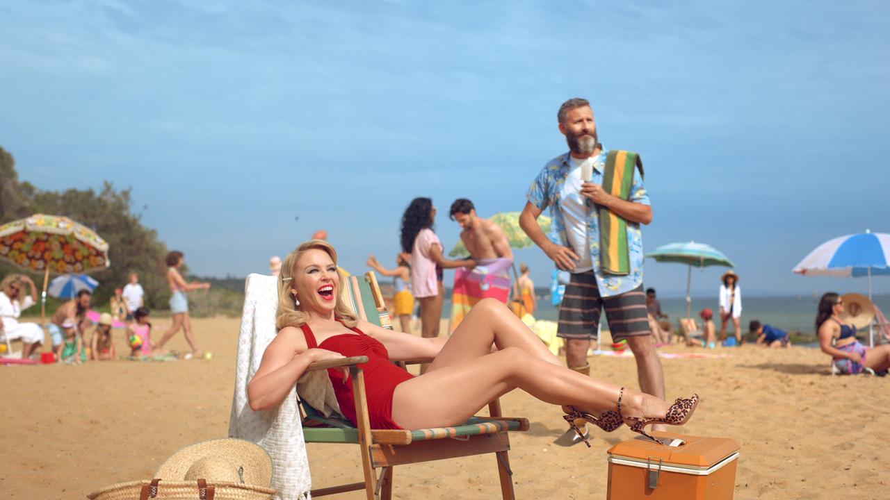 Kylie Minogue and Adam Hills in Sandringham, Victoria.