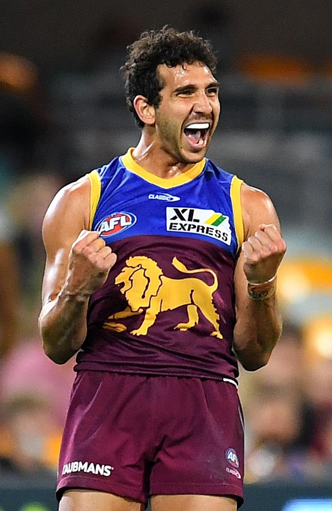 Nakia Cockatoo of the Lions celebrates. Picture: Albert Perez/AFL Photos via Getty Images.