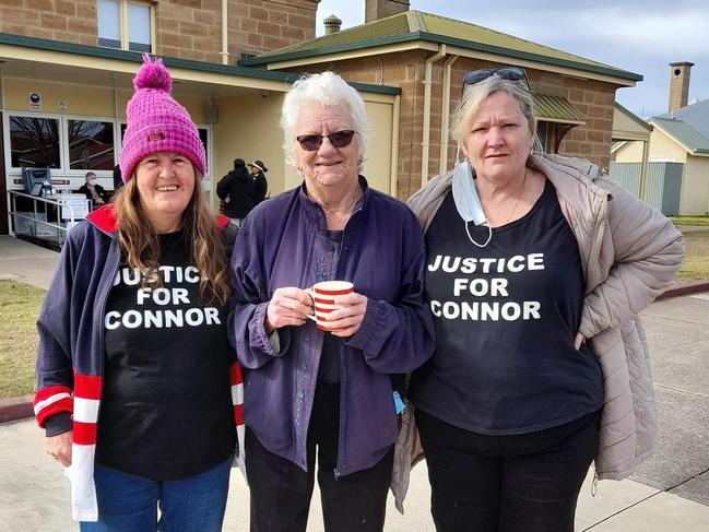 Supporters including Pat, Marion, and Bernadette, wearing shirts in support of Connor Horan's family during a court sittings, have never given up hope for justice. Photo: contributed