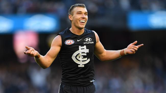 Patrick Cripps of the Blues reacts after kicking a goal during the Round 12 AFL match between the Carlton Blues and the Brisbane Lions at Marvel Satdium in Melbourne, Saturday, June 8, 2019. (AAP Image/Julian Smith) NO ARCHIVING, EDITORIAL USE ONLY