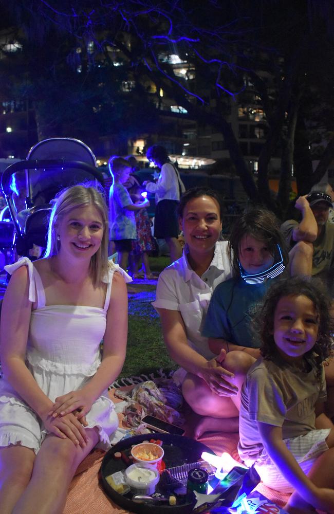 Tasmin Anderson, Leah Ihaka, Diesel and Reign celebrating New Year's Eve 2022 at Mooloolaba. Photo: Elizabeth Neil