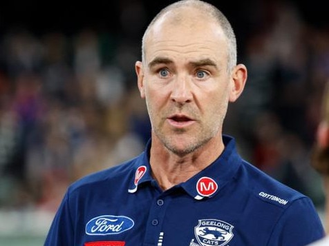 MELBOURNE, AUSTRALIA - MAY 04: Steven King, Assistant Coach of the Cats addresses his players during the 2024 AFL Round 08 match between the Melbourne Demons and the Geelong Cats at The Melbourne Cricket Ground on May 04, 2024 in Melbourne, Australia. (Photo by Dylan Burns/AFL Photos)