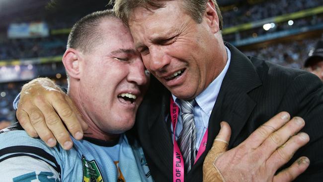 Cronulla’s Paul Gallen dropped a couple of F-bombs after the Sharks defeated the Melbourne Storm in last year’s NRL Grand Final. Picture: Brett Costello