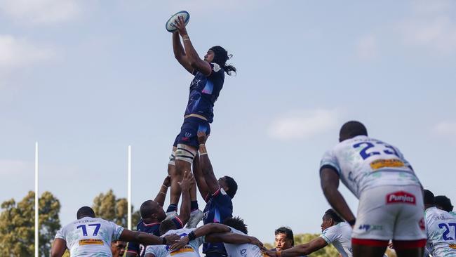 The Rebels’ Tuaina Tali Tualima wins a line-out during their pre-season victory over the Fijian Drua at Gosch’s Paddock on Saturday. Picture: Daniel Pockett / Getty Images