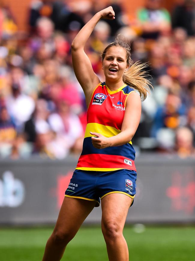 St Mary’s star Danielle Ponter celebrates a goal during the 2019 AFLW Grand Final. Picture: Daniel Kalisz/Getty Images