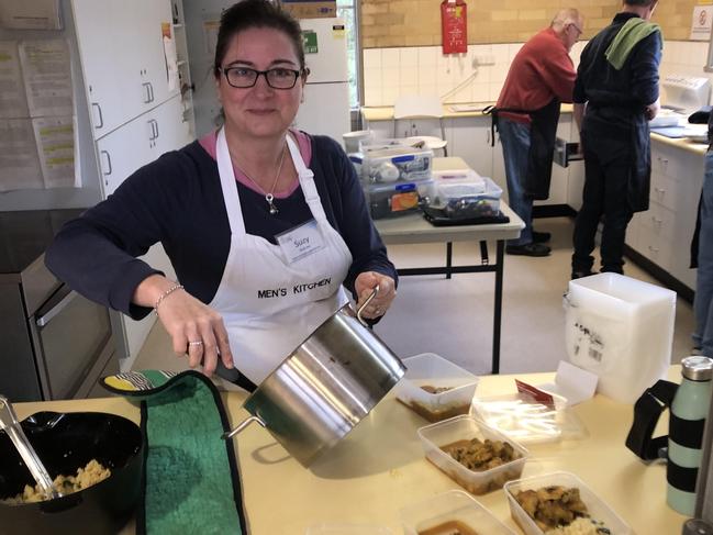 Volunteer instructor Suzy Shallvey during a Men's Kitchen Northern Beaches cooking skills session at the Forestville Community Hall. Picture: Jim O'Rourke