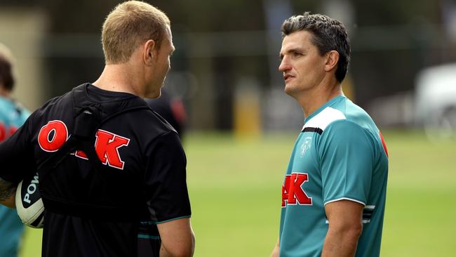 Ivan Cleary talks with Luke Lewis during his first Penrith stint in 2012. Picture: Gregg Porteous