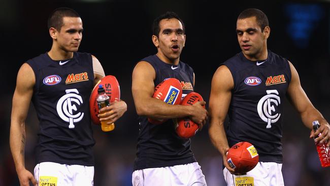 Former Carlton teammates — and still mates — Jeff Garlett, Eddie Betts and Chris Yarran. Picture: Mark Dadswell/Getty Images