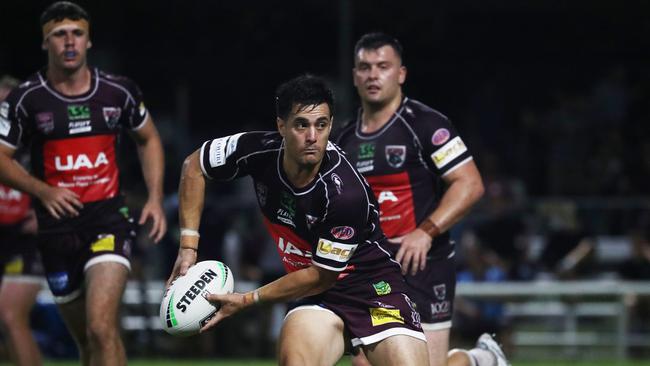 Burleigh Bears player Conner Toia looks to pass during a pre-season trial against the Gold Coast Titans at Pizzey Park. February 20, 2021. Photo Jason O'Brien