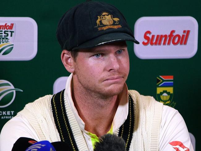 Steve Smith fronts the press conference in Cape Town. Picture: AFP