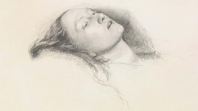 Work titled ‘Study of the head of Elizabeth Siddal for Ophelia’ by artist John Everett Millais circa 1852. This work is featured in the exhibition Christoph Allen: The Poetry of Drawing: Pre-Raphaelite Designs, Studies and Watercolours at the Art Gallery of NSW.