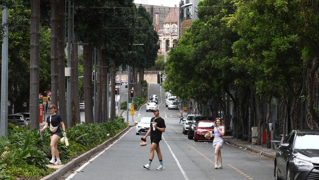 Cross where you like. Grey St in South Brisbane was eerily bereft of cars. Picture: David Clark