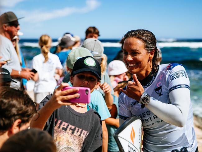 MARGARET RIVER, WESTERN AUSTRALIA, AUSTRALIA - APRIL 11: Sally Fitzgibbons of Australia after surfing in Heat 5 of the Opening Round at the Western Australia Margaret River Pro on April 11, 2024 at Margaret River, Western Australia, Australia. (Photo by Aaron Hughes/World Surf League)