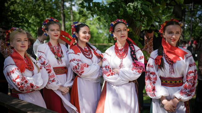 Traditional folk singers gather in Kyiv’s old town to celebrate Kyiv Day on the last weekend of May. Picture: Getty Images