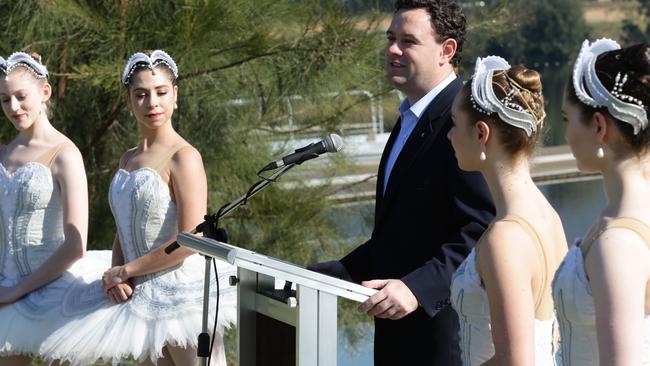 Minister for Trade, Tourism and Major Events Stuart Ayres launching the Ballet Under the Stars program, with dancers from The Australian Ballet, at Sydney International Regatta Centre in May.