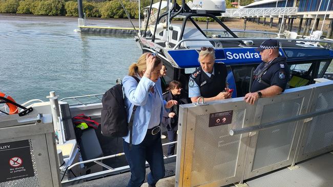 Premier Annastacia Palaszczuk and Police Commissioner Katarina Carroll arrive on Russell Island in a police boat. Picture: Contributed