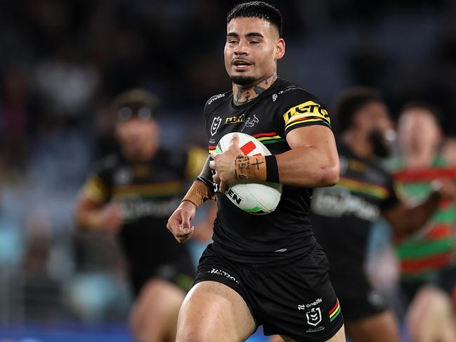 SYDNEY, AUSTRALIA - MAY 02:  Taylan May of the Panthers makes a break to score a try during the round nine NRL match between South Sydney Rabbitohs and Penrith Panthers at Accor Stadium on May 02, 2024, in Sydney, Australia. (Photo by Cameron Spencer/Getty Images)