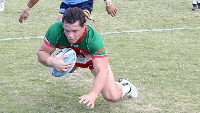 James Roberts dives over to score a try for the Seagulls. Picture: AAP