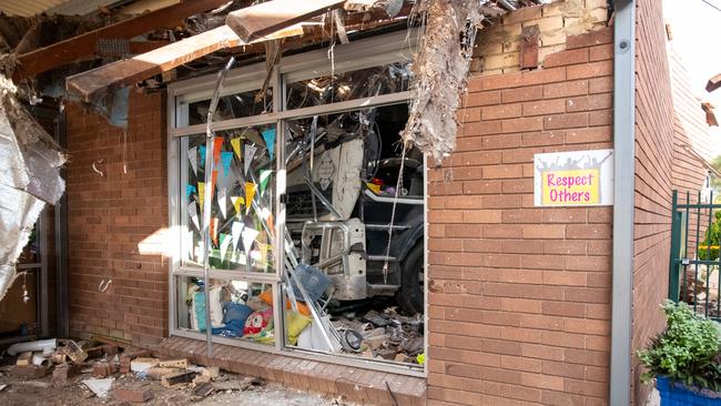 The truck stuck inside the school at Moorebank. Picture: Thomas Lisson.