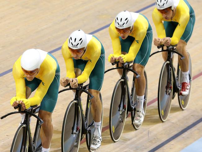 Jack Bobridge, Luke Davison, Alex Edmondson and Glenn O'Shea on their way to team pursuit gold in Glasgow. Picture: Adam Head