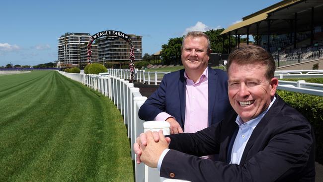 Brisbane Racing Club chairman Richard Morrison and chief executive Karl deKroo at the Eagle Farm Racecourse. Picture: Liam Kidston