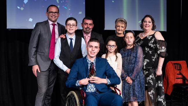 Max Murray (centre) was awarded the Elissa Flanagan ‘Aim High’ Scholarship. He is pictured with (from left) award sponsor and MP David Janetzki, Mikey, Robert, Grace and Emily Whitby, Vinita Saunders and Angela Brown. Picture: Matt Ryan