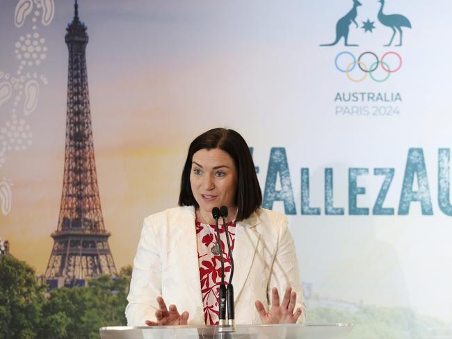 SYDNEY, AUSTRALIA - JUNE 04:  Australian Olympic Team Chef de Mission Anna Meares speaks during the Australian 2024 Paris Olympic Games Women's Football Squad Announcement at Sydney Olympic Park Sports Centre on June 04, 2024 in Sydney, Australia. (Photo by Matt King/Getty Images)