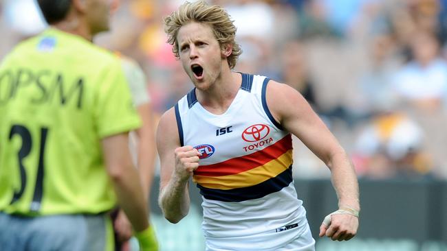 Rory Sloane celebrates kicking a goal against Hawthorn.